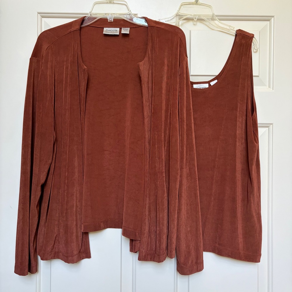 Chicos Travelers 2 Piece Set Cardigan Tank Rust Brown Slinky Size 3 XL Vacation